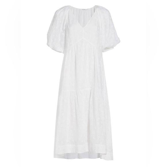 Frame Broderie Anglaise Ramie Puff Sleeve Midi Eyelet Dress in White - Picture 4 of 16